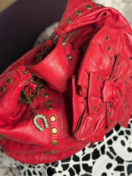 Betsey Johnson Handbags - VTG Betsey Johnson Red Studded Leather Shoulder Bag with Bow Rosette Accent